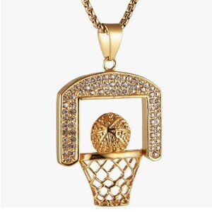 18K Gold Plated Cubic Zirconia Basketball Pendant Necklace